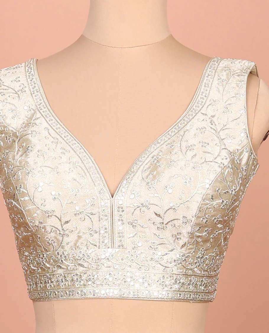 Light gold floral embroidered front sweet heart-neck sleeveless readymade blouse - Image 2