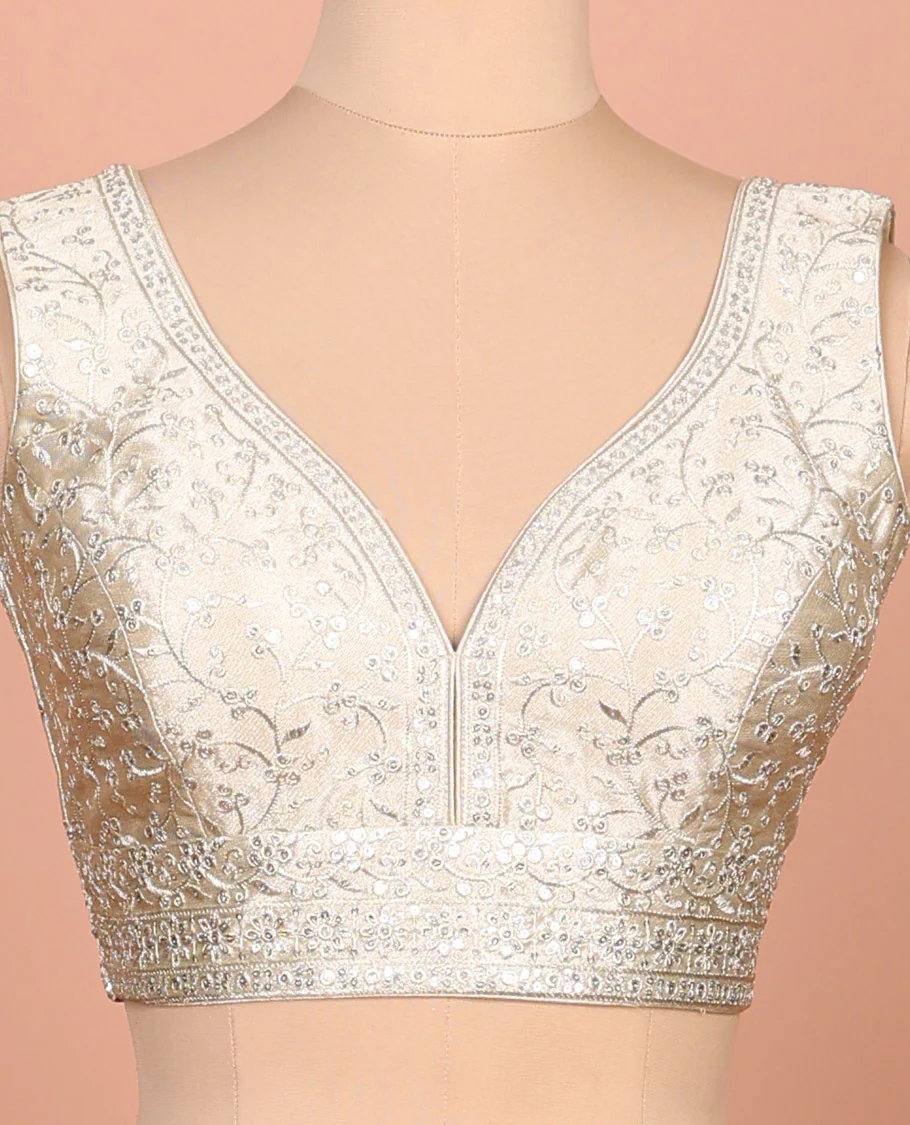 Light gold floral embroidered front sweet heart-neck sleeveless readymade blouse - Image 3
