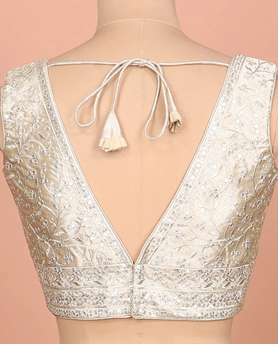 Light gold floral embroidered front sweet heart-neck sleeveless readymade blouse - Image 4