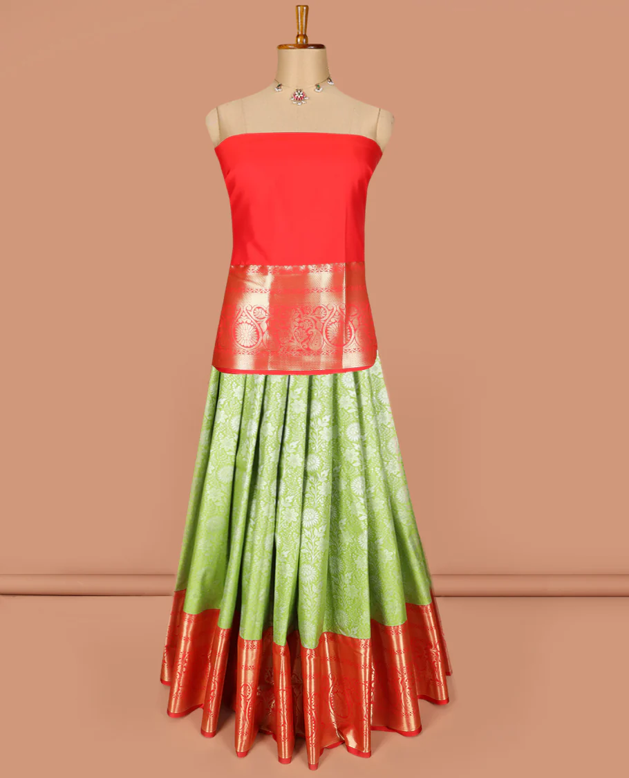 Light Green Art Silk Material Half Saree Set Featuring Floral Jacquard Skirt, a Contrast Traditional Zari-Design Border, a Zari-Bordered Blouse, and a Dhavani Elevated with Floral Zari Designs - Image 2