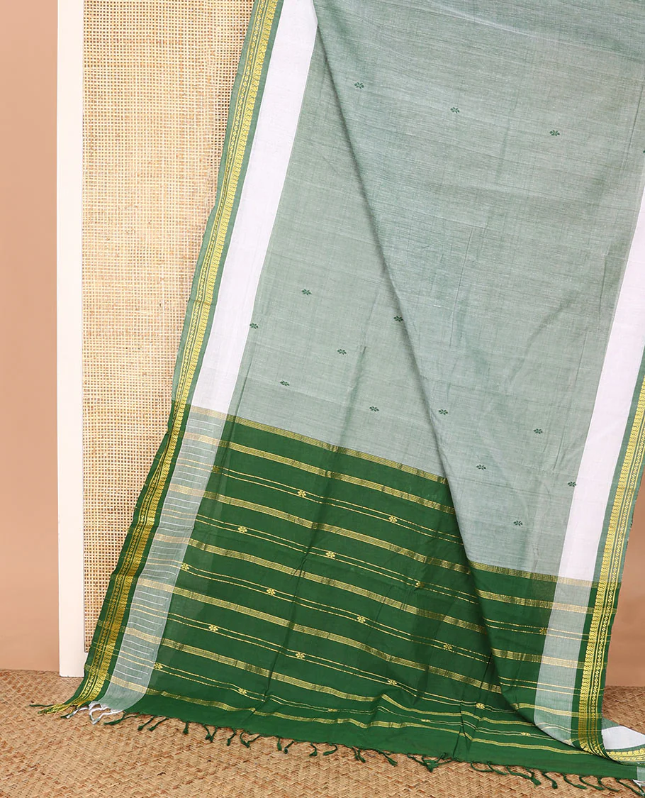 Light green buttas Andhra cotton saree, contrast traditional zari border, and pallu of zari stripes - Image 2