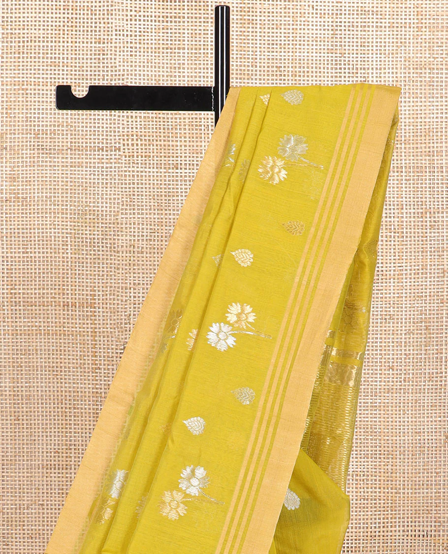 Light green floral design chanderi cotton saree with self zari border & striped pallu - Image 3