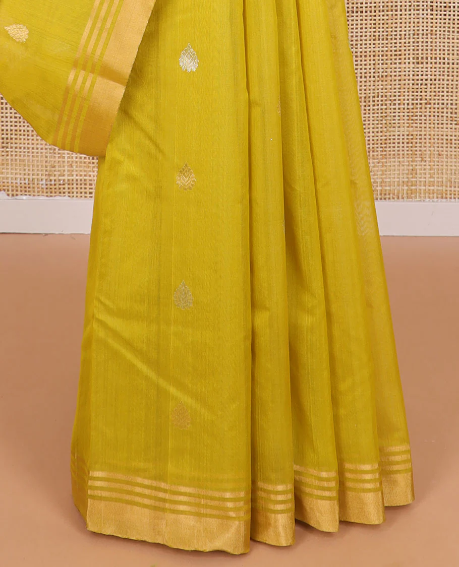 Light green floral design chanderi cotton saree with self zari border & striped pallu - Image 4