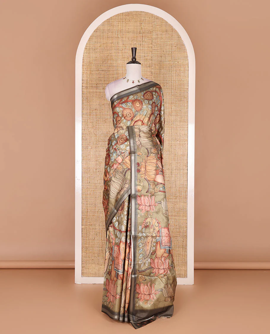 Light green kalamkari elephant, peacock, and floral printed semi-tussar saree, zari piping border, kalamkari motifs printed pallu, and contrast printed blouse - Image 2