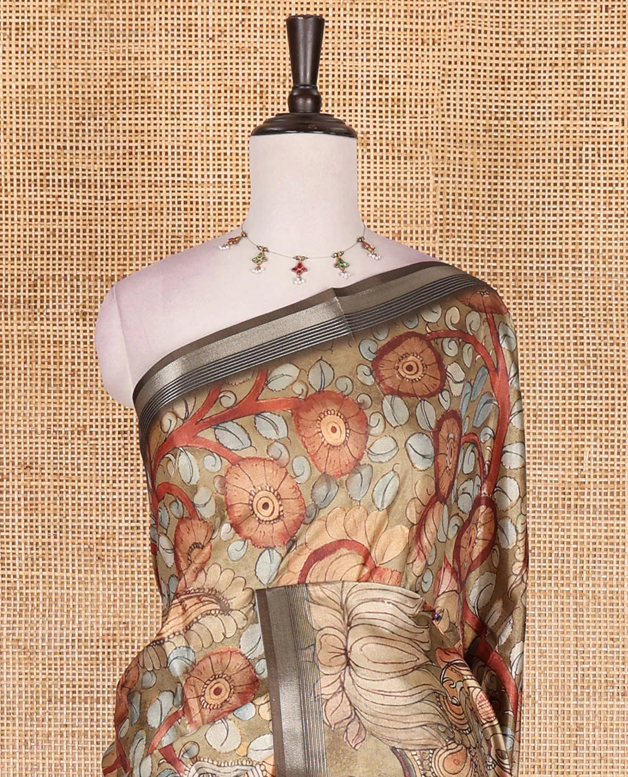 Light green kalamkari elephant, peacock, and floral printed semi-tussar saree, zari piping border, kalamkari motifs printed pallu, and contrast printed blouse - Image 3