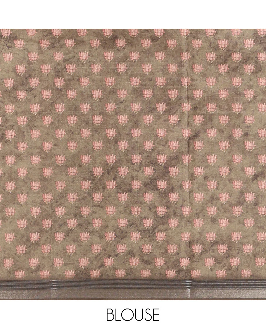 Light green kalamkari elephant, peacock, and floral printed semi-tussar saree, zari piping border, kalamkari motifs printed pallu, and contrast printed blouse - Image 4