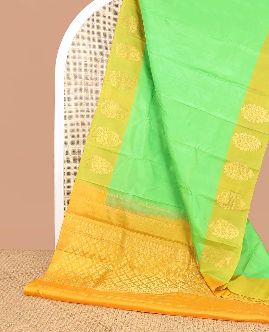 Light green kancheepuram silk sare with contrast floral design border & argyle design pallu - Image 3