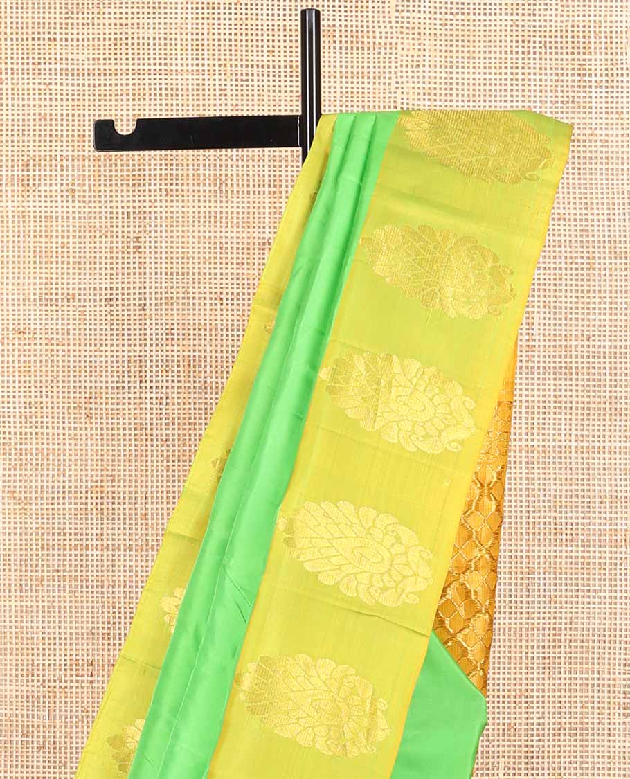 Light green kancheepuram silk sare with contrast floral design border & argyle design pallu - Image 4