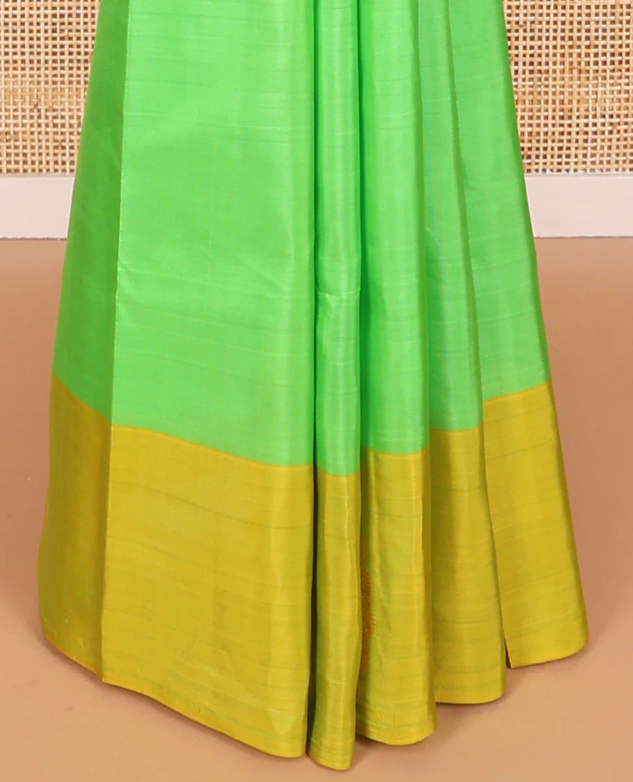 Light green kancheepuram silk sare with contrast floral design border & argyle design pallu - Image 5