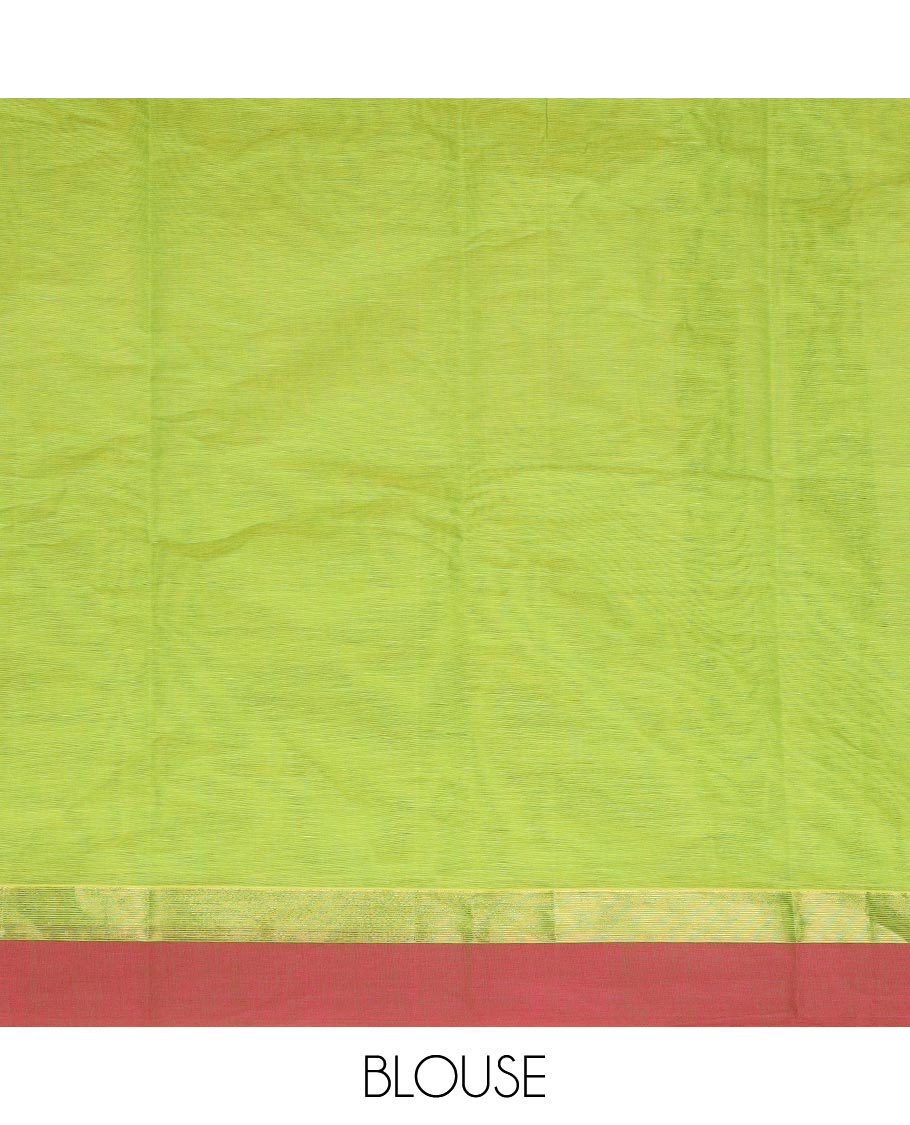Light green motifs kanchi cotton saree with contrast temple border & checked floral design pallu - Image 3