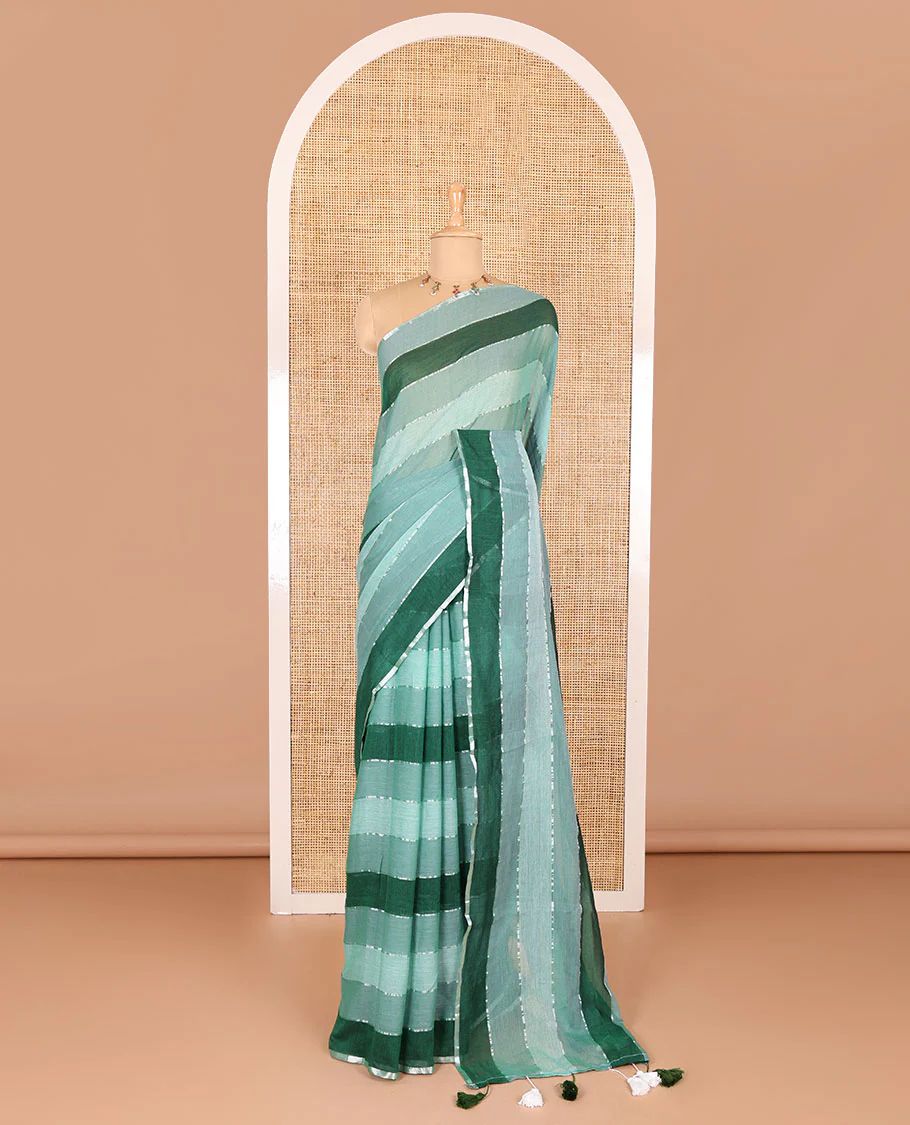 Light green ombre-colored striped khadi mul cotton saree, zari piping border, striped pallu, and a matching striped blouse - Image 2