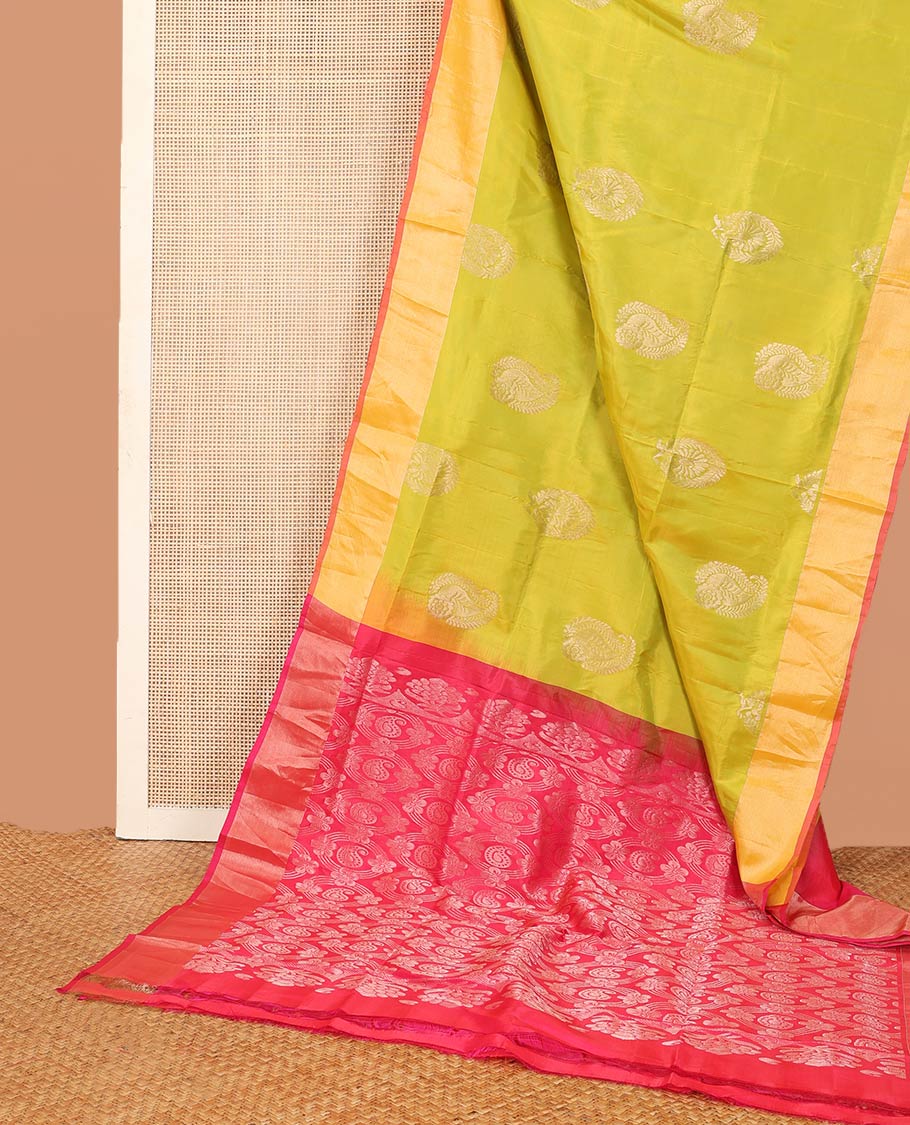 Light green zari buttas Uppada saree, contrast bavanji border, and intricate pallu - Image 2