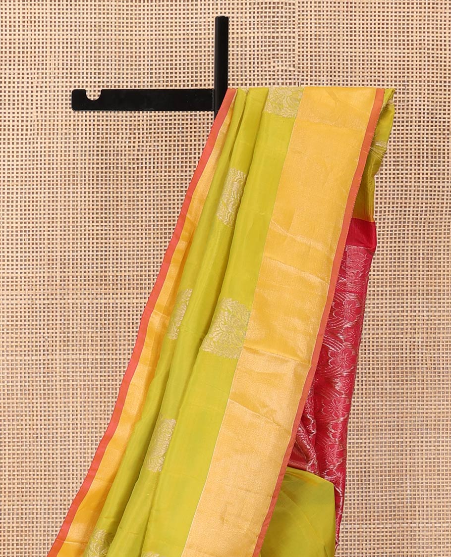 Light green zari buttas Uppada saree, contrast bavanji border, and intricate pallu - Image 3