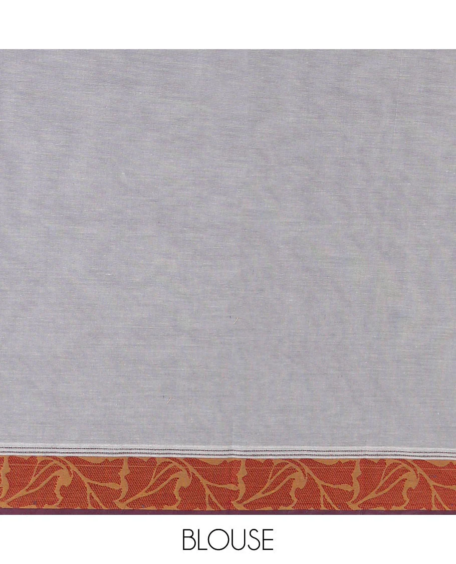 Light grey geometric design coimbatore cotton saree with contrast leaf design border & paisley design pallu - Image 3