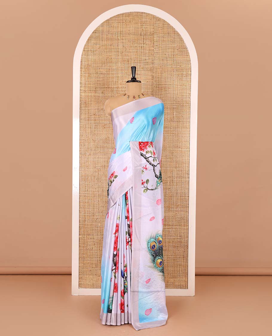 Light lavender peacocks, floral and leaf printed with mirror work masakali saree, plain border, peacock printed pallu, and a matching blouse - Image 2