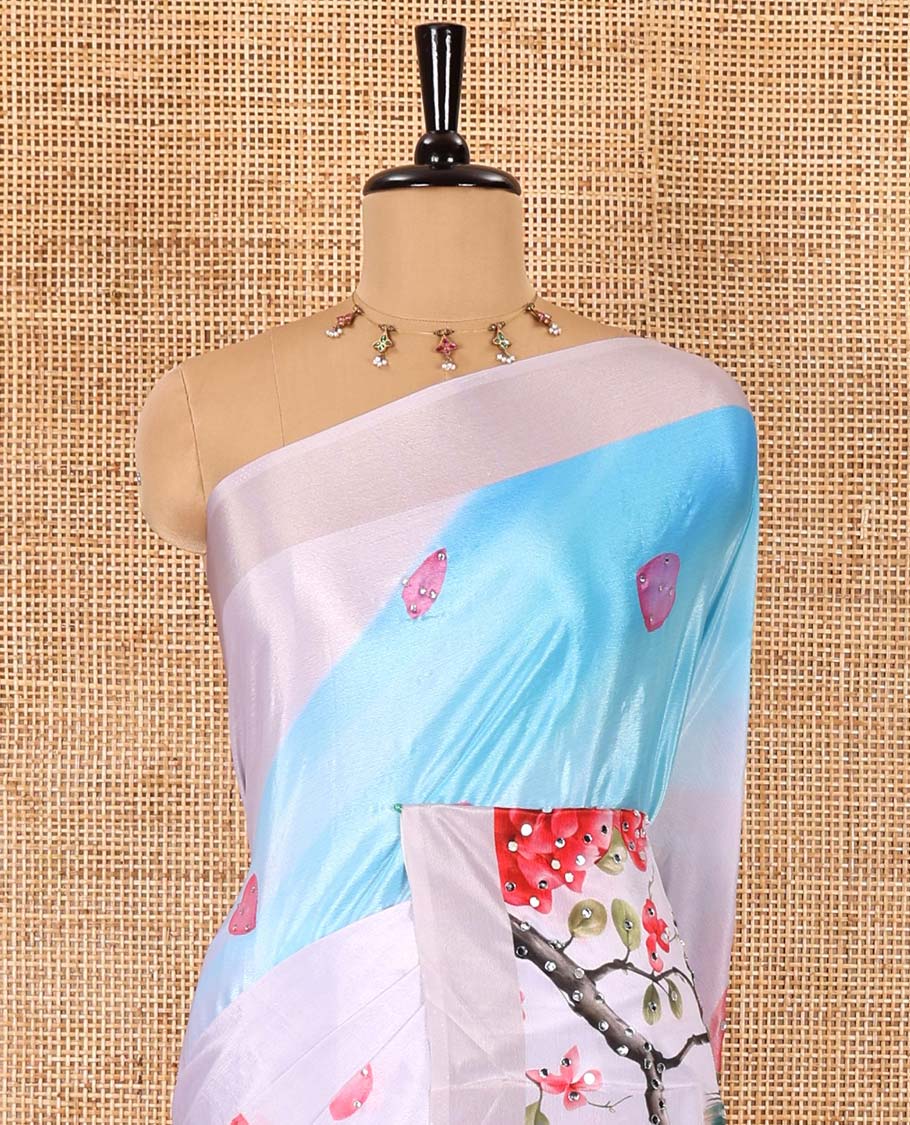 Light lavender peacocks, floral and leaf printed with mirror work masakali saree, plain border, peacock printed pallu, and a matching blouse - Image 3