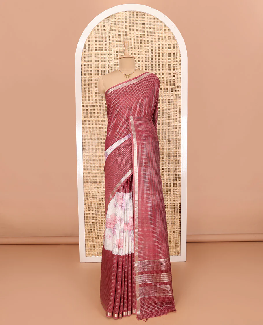 Light Maroon Assam Silk Saree Graced with Micro-Checks and Floral Prints, Featuring a Simple Piping Border, Subtly Woven Pallu with Zari Stripes, Paired with a Matching Checked Blouse - Image 2