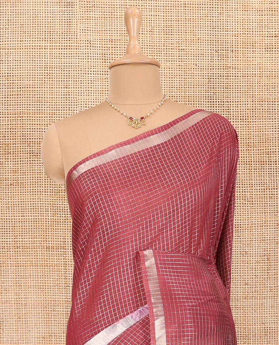 Light Maroon Assam Silk Saree Graced with Micro-Checks and Floral Prints, Featuring a Simple Piping Border, Subtly Woven Pallu with Zari Stripes, Paired with a Matching Checked Blouse - Image 3