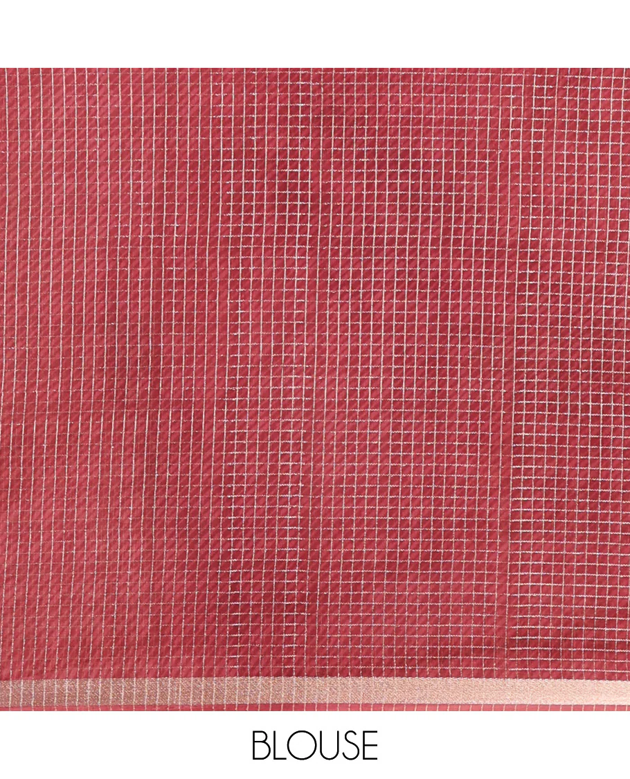 Light Maroon Assam Silk Saree Graced with Micro-Checks and Floral Prints, Featuring a Simple Piping Border, Subtly Woven Pallu with Zari Stripes, Paired with a Matching Checked Blouse - Image 4