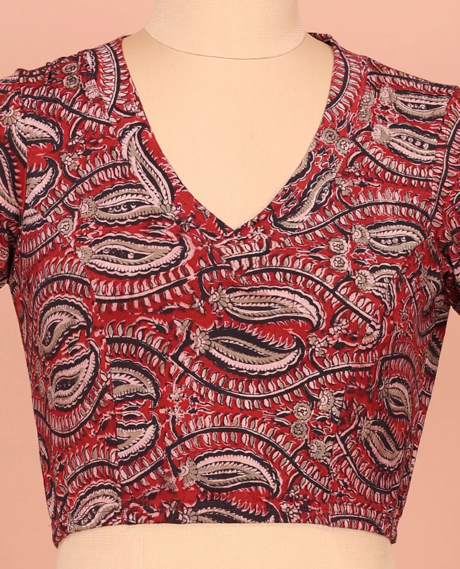 Light Maroon Cotton Readymade Blouse Decorated with All-Over Kalamkari Floral Print, Front V-Neck, Back Closed Neck, and Elbow Sleeves - Image 2
