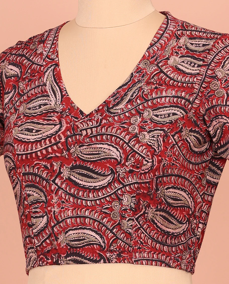 Light Maroon Cotton Readymade Blouse Decorated with All-Over Kalamkari Floral Print, Front V-Neck, Back Closed Neck, and Elbow Sleeves - Image 3