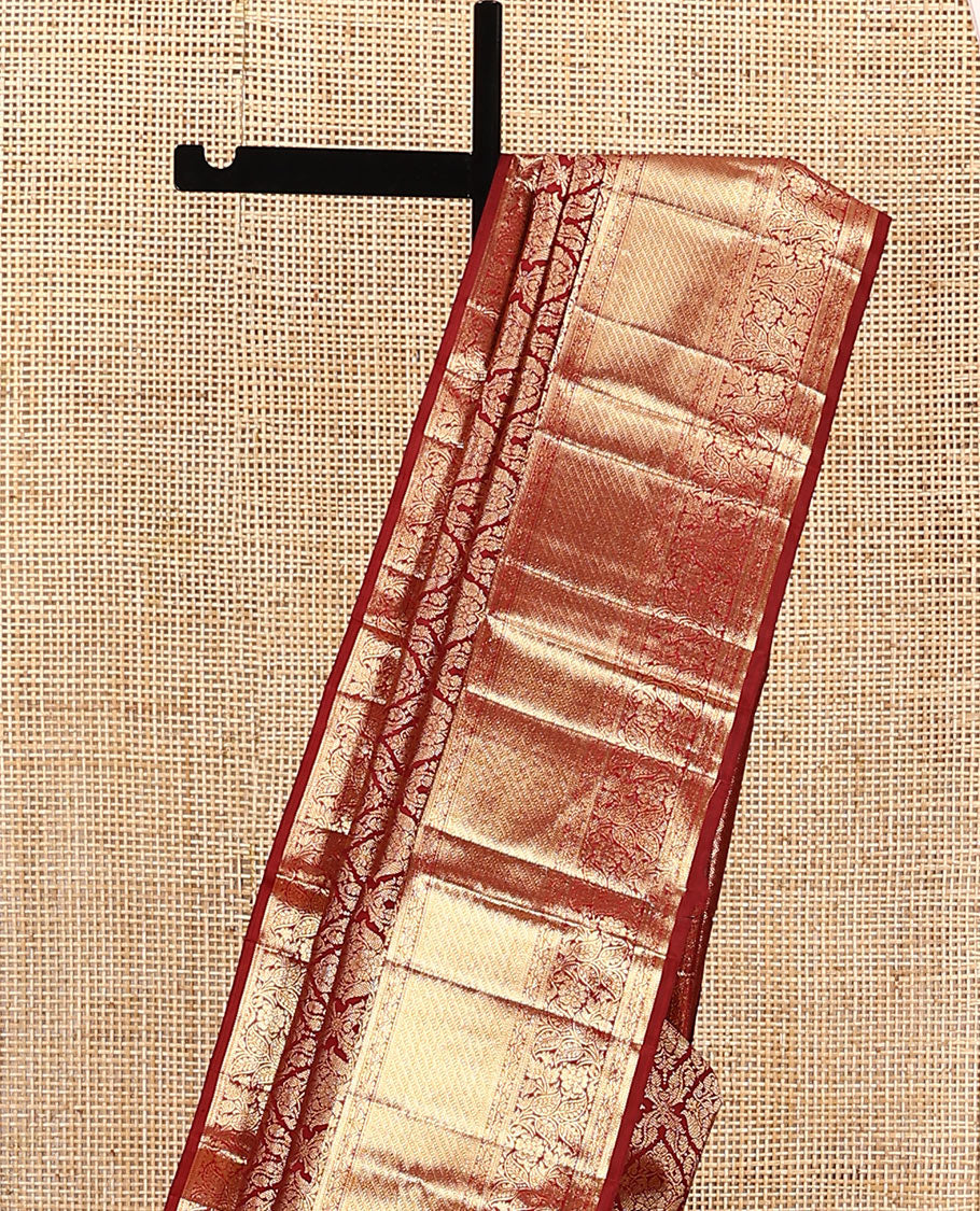 Light maroon jacquard kanchipuram silk saree, zari border of thilakam, muthu, and kodi visiry designs, and jaal pallu - Image 3