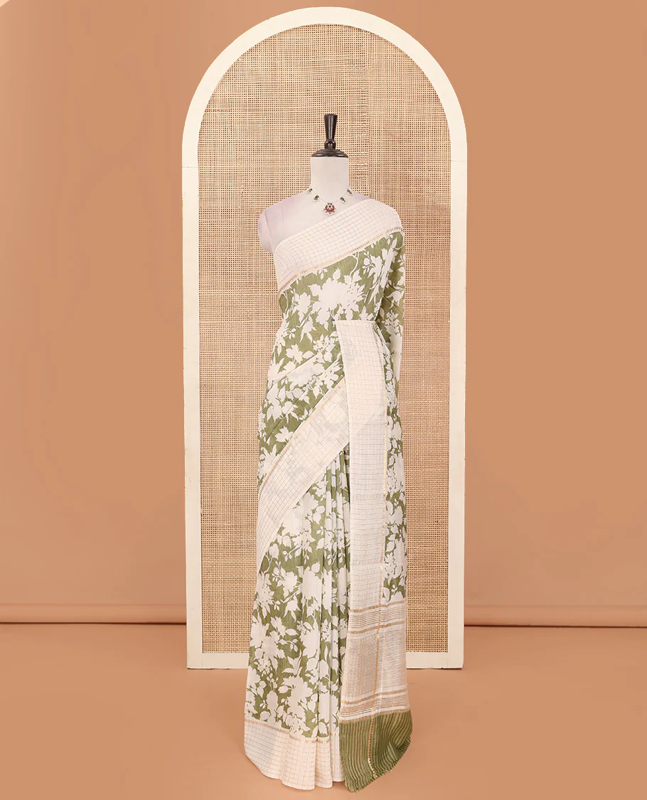 Light olive green silhouettes floral printed Muga silk saree, contrast temple zari checked border, and zari striped pallu - Image 3