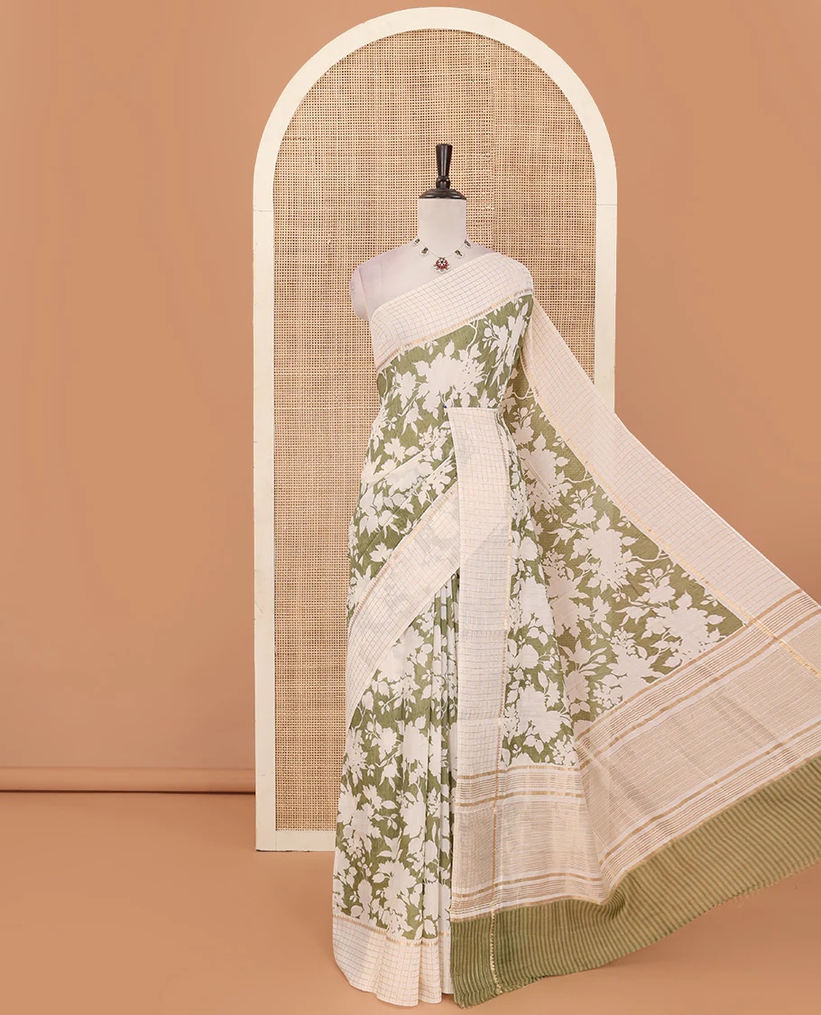 Light olive green silhouettes floral printed Muga silk saree, contrast temple zari checked border, and zari striped pallu - Image 5