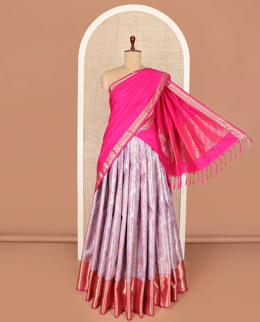 Light onion pink jacquard art-silk half-saree, contrast traditional zari bordered skirt, jacquard blouse, and a intricate dhavani