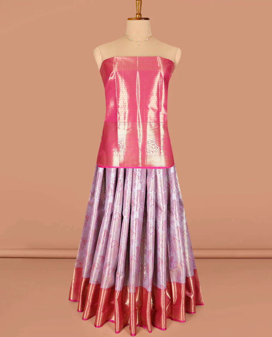 Light onion pink jacquard art-silk half-saree, contrast traditional zari bordered skirt, jacquard blouse, and a intricate dhavani - Image 2