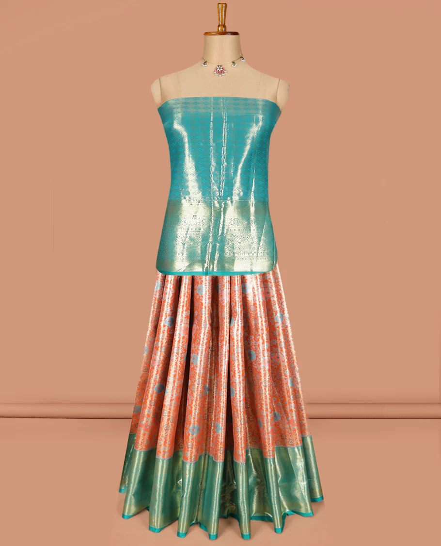 Light Orange Art Silk Material Half Saree Set Featuring Jacquard Skirt, a Contrast Traditional Zari Design Border, a Zari-Jacquard Blouse, and a Dhavani Decked with Zari Designs - Image 2