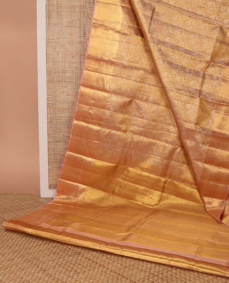Light orange floral jacquard kancheepuram silk saree with contrast zari design & floral design pallu - Image 3