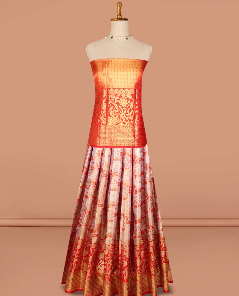 Light orange floral jacquard pure silk half saree with contrast floral zari design border, zari design blouse & floral zari design dhavani - Image 3