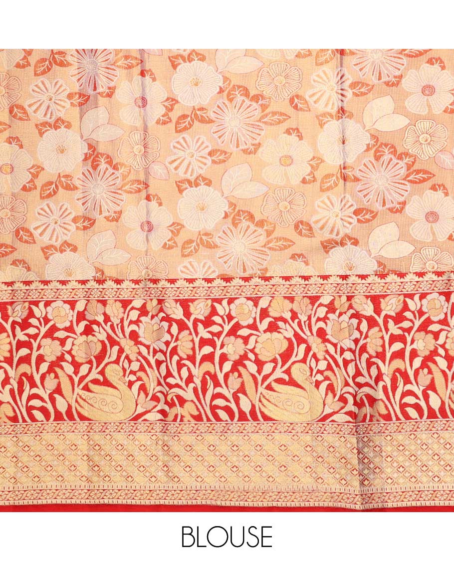 Light orange floral jacquard pure silk half saree with contrast floral zari design border, zari design blouse & floral zari design dhavani - Image 5