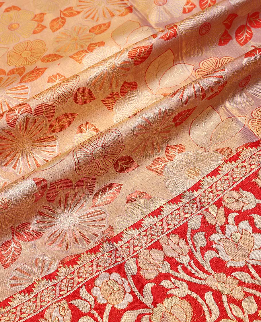 Light orange floral jacquard pure silk half saree with contrast floral zari design border, zari design blouse & floral zari design dhavani - Image 7