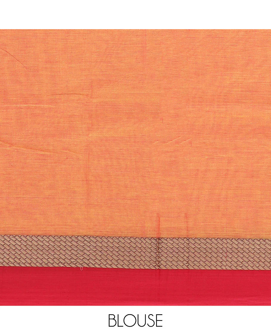 Light Orange plain design Narayanpet cotton saree, contrast grid design border & striped pallu - Image 2