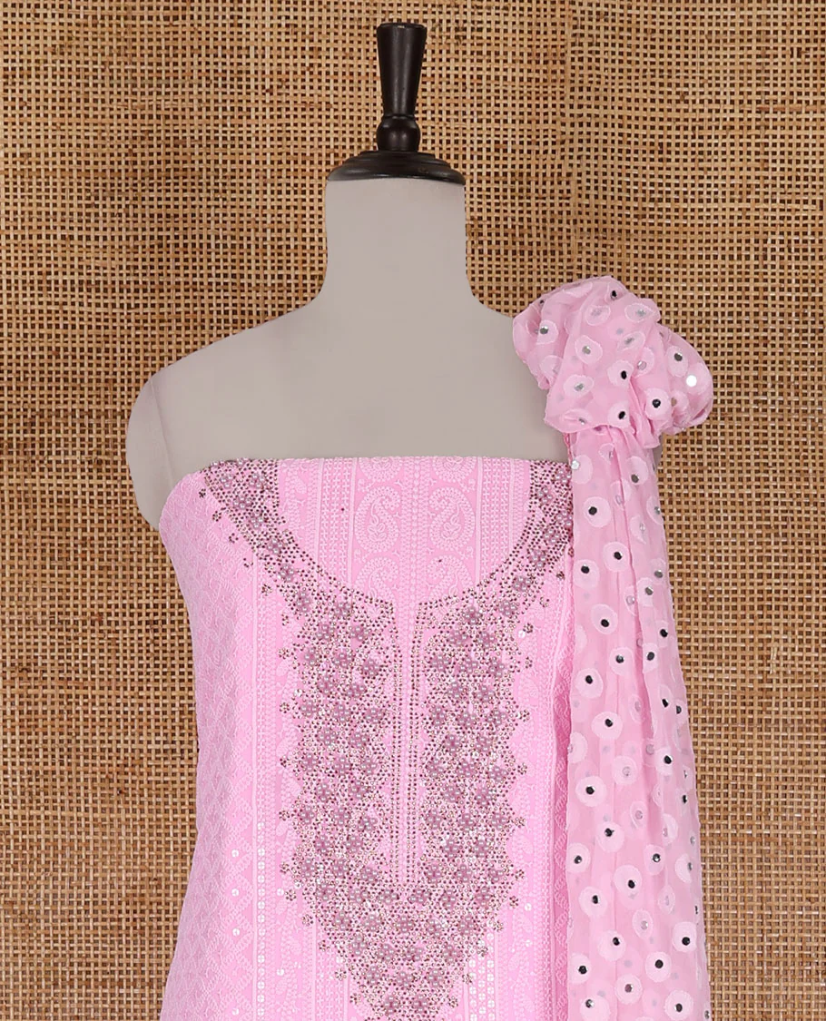 Light Pink material churidar set, stone work with Schiffli style embroidered georgette top, American Crape bottom, and polka dotted printed mirror work dupatta - Image 3