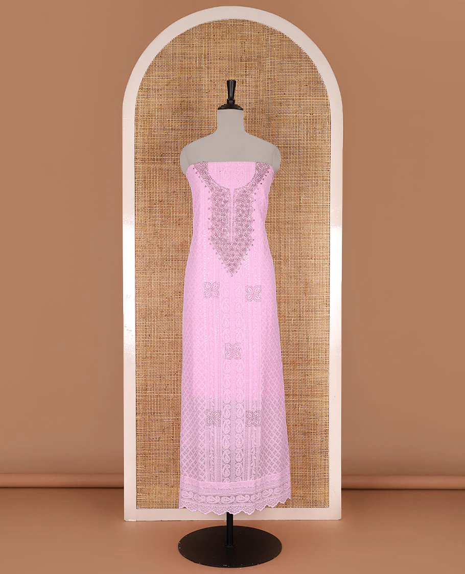 Light Pink material churidar set, stone work with Schiffli style embroidered georgette top, American Crape bottom, and polka dotted printed mirror work dupatta - Image 4