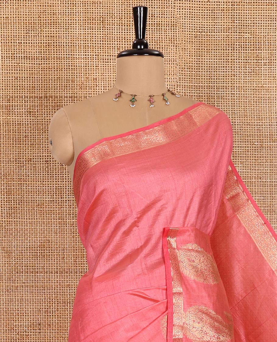 Light Pink Plain Semi-Tussar Saree Artfully Detailed with a Self Border Featuring Floral and Paisley Zari Weave, Adorned with a Zari-Striped Pallu, Paired with a Matching Zari-Woven Blouse - Image 2