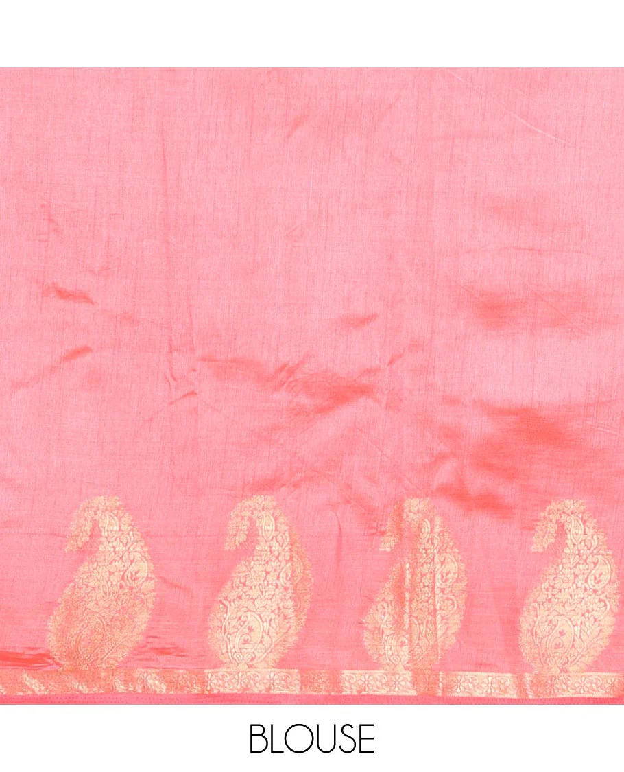 Light Pink Plain Semi-Tussar Saree Artfully Detailed with a Self Border Featuring Floral and Paisley Zari Weave, Adorned with a Zari-Striped Pallu, Paired with a Matching Zari-Woven Blouse - Image 3