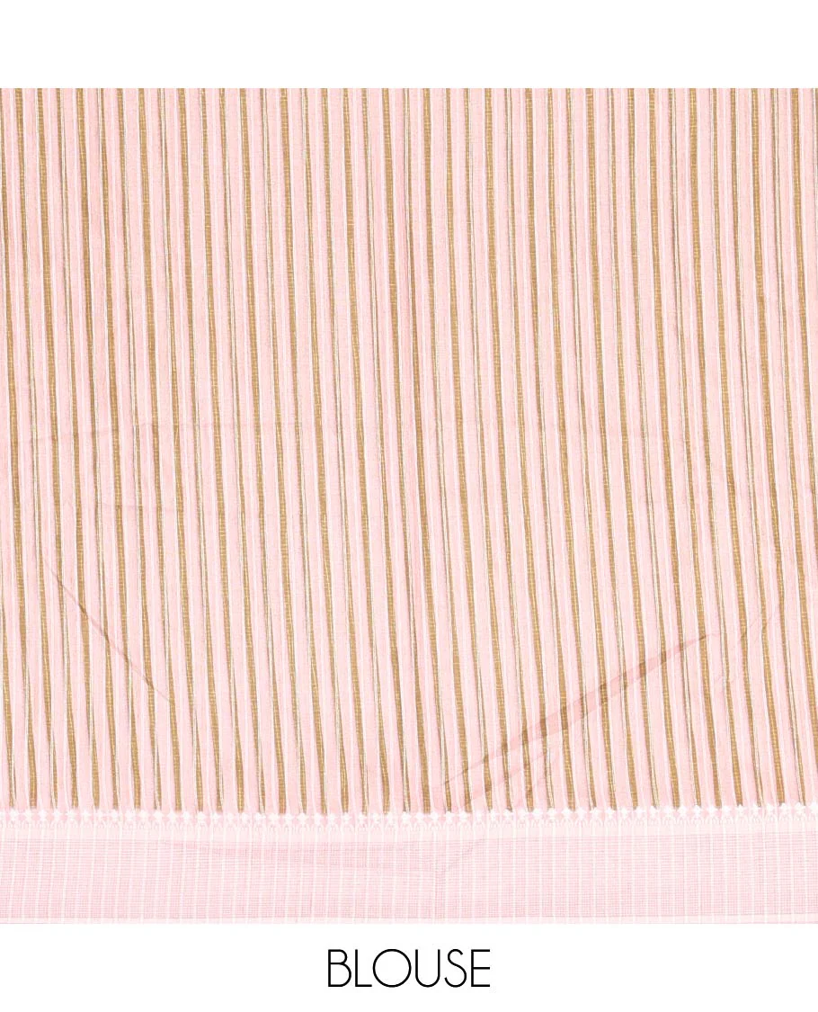 Light pink unique size and shaped leaf motifs printed fancy tussar saree, resham thread woven border, leaf motifs printed pallu, and a matching striped blouse - Image 5