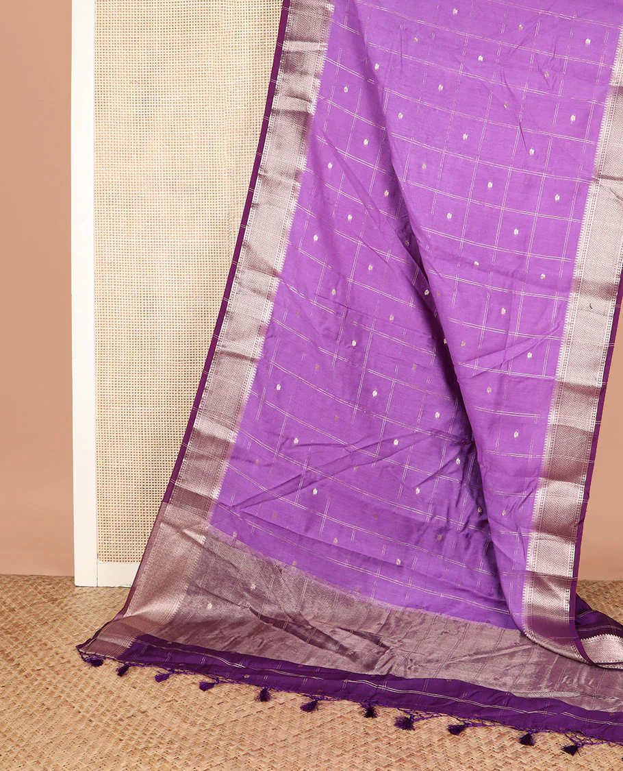 Light purple buttas enclosed checked assam silk saree, contrast traditional zari border, and pallu of zari design - Image 2