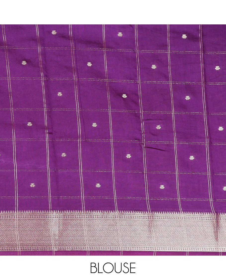 Light purple buttas enclosed checked assam silk saree, contrast traditional zari border, and pallu of zari design - Image 3