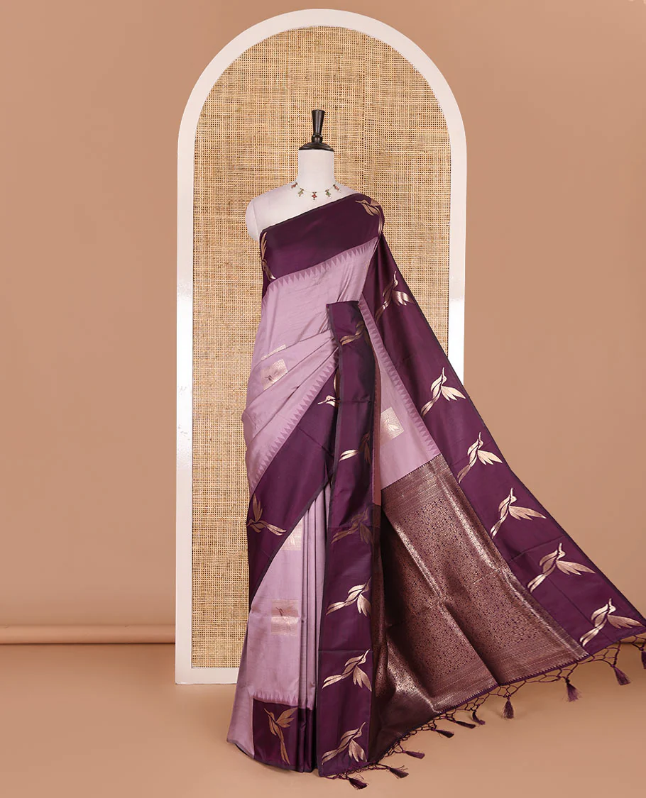 Light purple hummingbird zari buttas Mulberry silk saree, contrast hummingbird motifs temple border, intricate pallu, and contrast zari design blouse