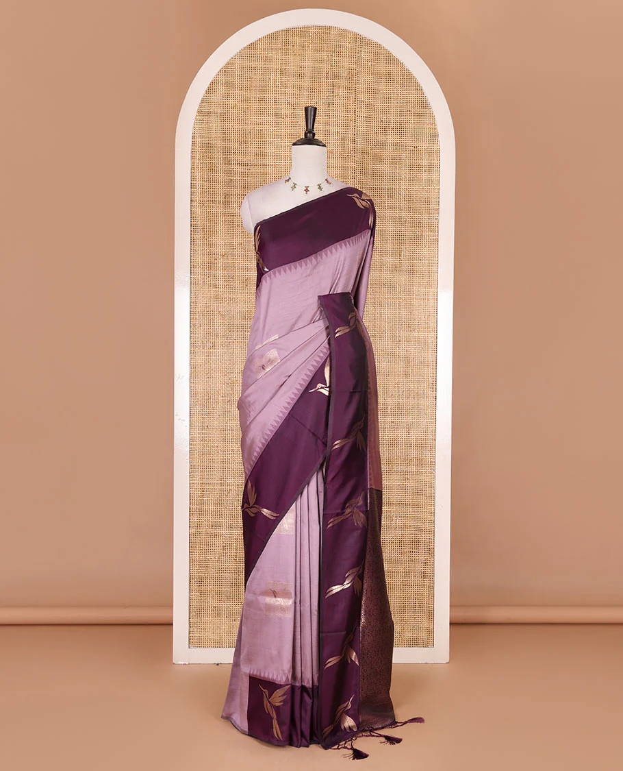 Light purple hummingbird zari buttas Mulberry silk saree, contrast hummingbird motifs temple border, intricate pallu, and contrast zari design blouse - Image 2