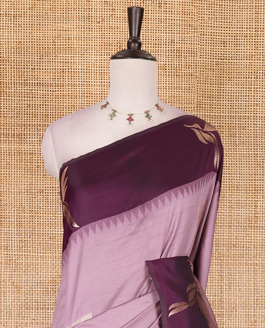 Light purple hummingbird zari buttas Mulberry silk saree, contrast hummingbird motifs temple border, intricate pallu, and contrast zari design blouse - Image 3