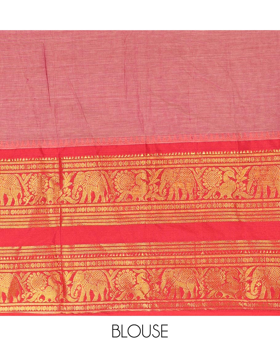 Light Purple Plain Mercerised Cotton Saree Highlighted with a Contrasting Rettai Pettu Border Featuring Peacock and Elephant Motifs in Zari, a Subtly Striped Pallu, and a Matching Blouse - Image 3