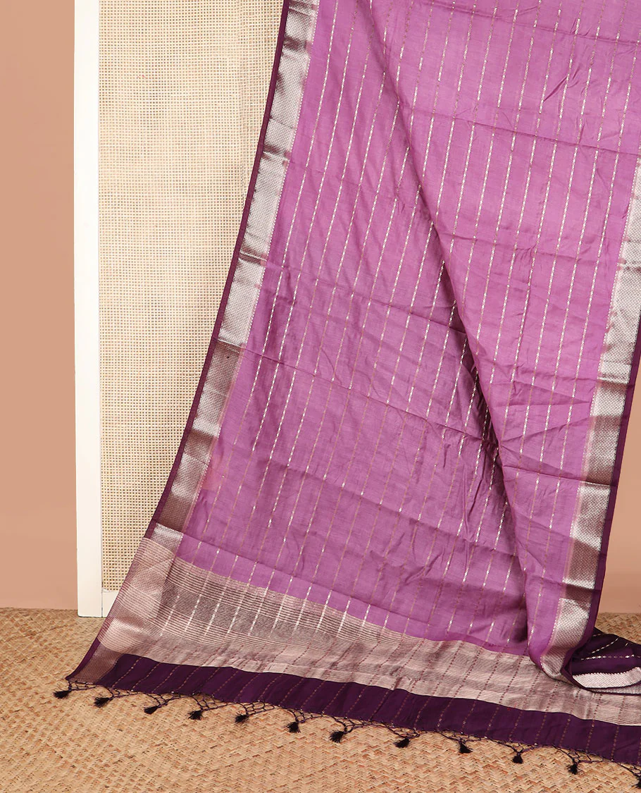 Light purple zari striped assam silk saree, contrast traditional zari border, and zari striped pallu - Image 2