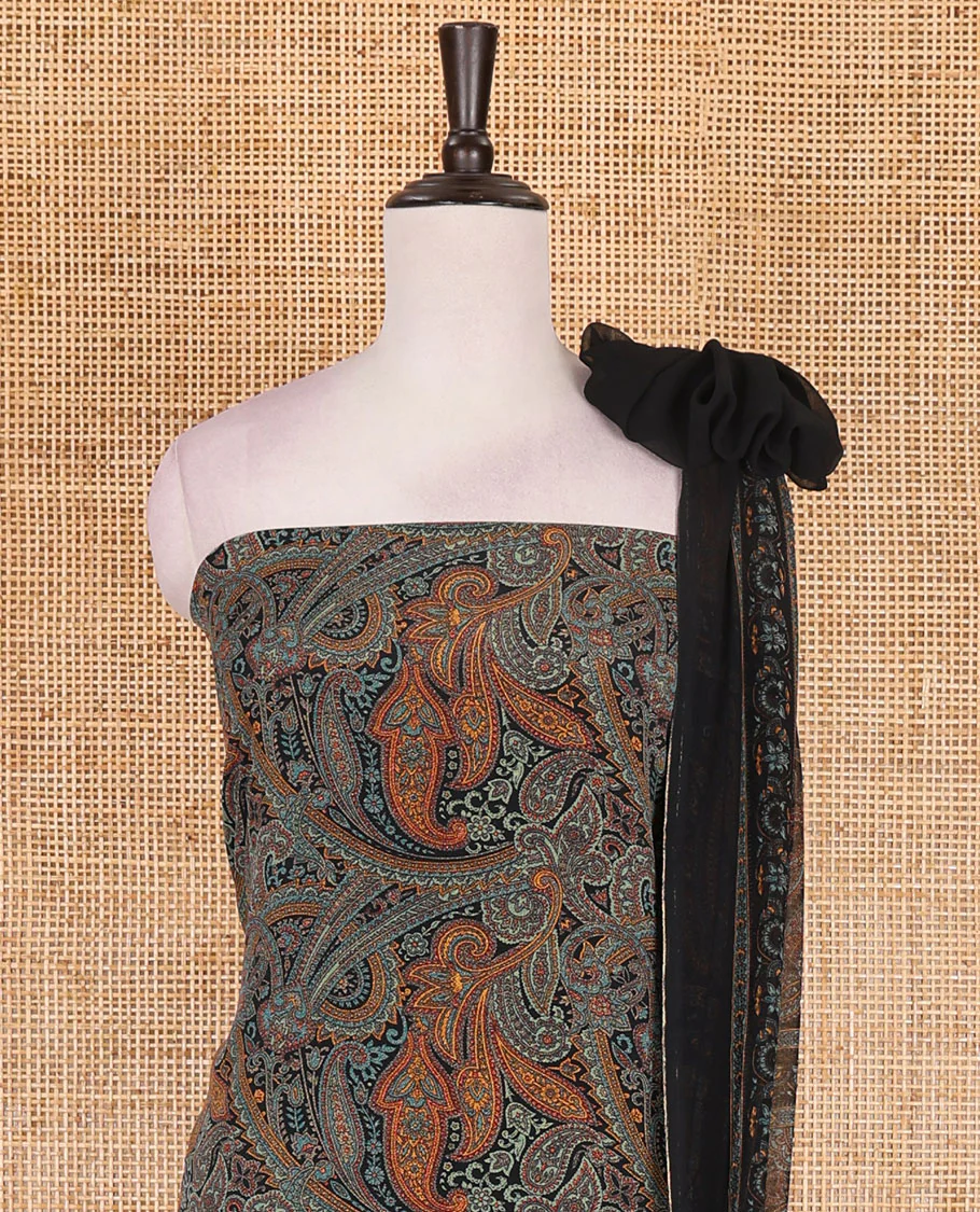 Light rama Italian crepe material chudidar set, paisley printed top, plain bottom, and floral-paisley printed georgrette dupatta - Image 3