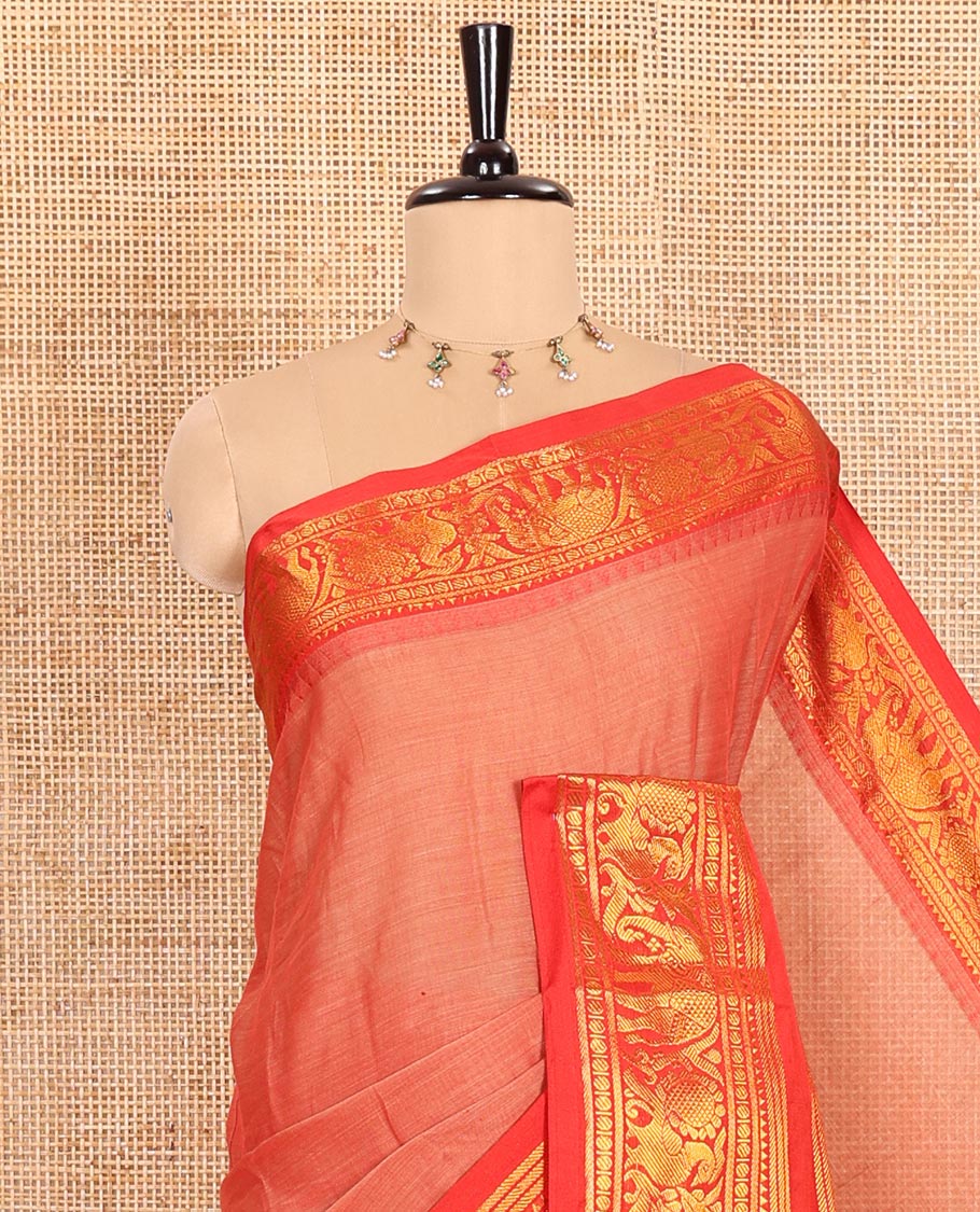 Light Rust Orange Plain Mercerised Cotton Saree Highlighted with a Contrasting Rettai Pettu Border Featuring Peacock and Elephant Motifs in Zari, a Subtly Striped Pallu, and a Matching Blouse - Image 2